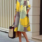 A-Line Long Sleeves Buttoned Pockets Printed Lapel Midi Dresses