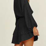 Button Long Sleeve Loose Shirt Dress Elastic Waist Ruffle Skirt