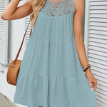 Loose Sleeveless Hollow Pleated Solid Color Split-Joint Round-Neck Mini Dresses