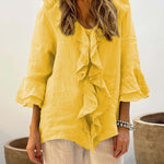 Women's casual ruffle collar cotton and linen tops