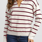 Striped Long Sleeve Polo V Neck Pullover Sweater