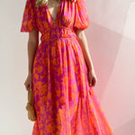 Elegant V-neck slim waist large swing skirt printed dress