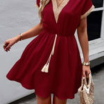 A-Line Elasticated Waist Contrast Color Drawstring Hollow Split-Joint Tasseled Tied V-Neck Mini Dresses