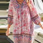 A-Line Loose Contrast Color Flower Print Pleated V-Neck Mini Dresses