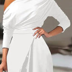 Solid Color One-Shoulder Long Sleeves T-Shirt + High-Waisted Wide Leg Pants Trousers Two Pieces Set