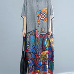 Batwing Sleeves Loose Printed Lapel Midi Dresses