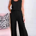 Yellow Crinkled U Neck Tank and Wide Leg Pants Set