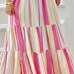A-Line High Waisted Contrast Color Pleated Split-Joint Off-The-Shoulder Maxi Dresses