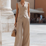Beige Tailored Sleeveless Vest & Wide-Leg Trousers Suit Set