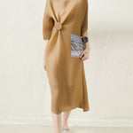 Stylish Irregularity Loose Pleated Solid Color Round-Neck Midi Dresses