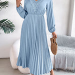 Elasticated Waist High Waisted Pleated Solid Color V-Neck Midi Dresses
