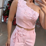 Alick Floral Detail One Shoulder Crop Top and Floral Belt High Waist Pocket Wide Leg Pants Set
