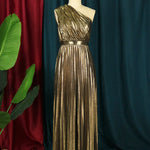 High Waisted Loose Asymmetric Pleated Shiny Solid Color One-shoulder Maxi Dresses