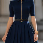Navy Collared Zip-Front Pleated Mini Dress