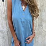 Solid Color Sleeveless V-neck Casual Pocket Mini Dress