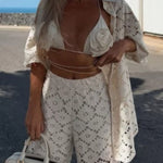 Holiday Crochet Flowers Lace Short Sleeve Shirt and Elastic Waist Wide Leg Pants Set