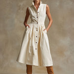 Retro Casual Off-white Stand-collar Sleeveless Denim Midi Dress