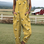 Women's Flying Bees Embroidery Pattern Casual Cotton Wide Leg Jumpsuit