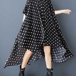 A-Line High-Low Asymmetric Buttoned Polka-Dot Lapel Midi Dresses Shirt Dress