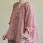 Black&Pink High-Low Half Sleeve Ramie Cotton Loose Shirt