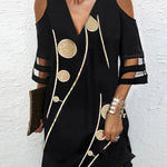 Half Sleeves Loose Hollow Mesh Polka-Dot Printed Split-Joint Cold Shoulder Mini Dresses