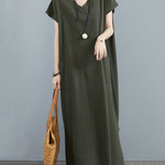 Simple Ramie Cotton Solid Color Split-Side With Pocket V-Neck Short Sleeves Maxi Dress