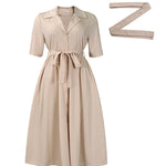 A-Line Loose Pleated Pockets Solid Color Tied Waist Notched Collar Midi Dresses