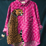 Cute Check Cheetah Print Cotton and Linen Long Sleeve Shirt