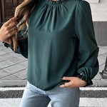 Long Sleeves Loose Elasticity Pleated Ruffle Trim Solid Color Mock Neck Blouses&Shirts Tops