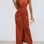 Loose Sleeveless Pleated Split-Front Split-Joint V-Neck Maxi Dresses