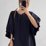 Causal Plus Size Pleated Raglan Sleeve V-Neck Midi Dress