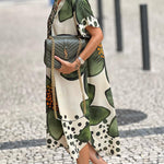 Green flower v-neck short-sleeved loose dress