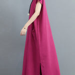 Simple Ramie Cotton Solid Color Split-Side With Pocket V-Neck Short Sleeves Maxi Dress