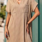 Loose Short Sleeves Pleated Solid Color Split-Joint V-Neck Mini Dresses