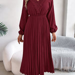 Elasticated Waist High Waisted Pleated Solid Color V-Neck Midi Dresses