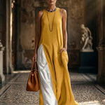 Loose Sleeveless Contrast Color Pockets Split-Joint Spaghetti-Neck Maxi Dresses