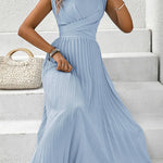 Loose Raglan Sleeve Elasticity Pleated Solid Color Split-Joint Tied Waist Round-Neck Midi Dresses