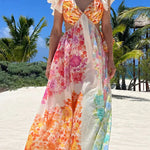 Blooming Beauty Multicolor Floral Frill Cutout Back Tie-up Maxi Dress