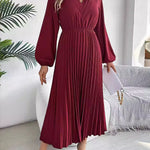 A-Line High Waisted Elasticity Pleated Solid Color V-Neck Maxi Dresses