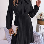 Long Sleeves Loose Pleated Solid Color Tied Mock Neck Mini Dresses