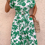 Green Leaf High Waist Belt Dress