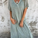 Bayside Bliss Linen Blend Short Sleeve Pleated Loose Midi Dress
