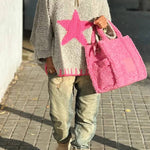 Warm Winter Day Texture Knit Star Pattern Contrast Color Loose Sweater