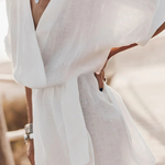 Cotton Linen Blend Pocketed Belt Kimono Mini Dress