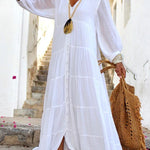 Seraphina Cotton Linen Blend Button Up Tiered Maxi Dress