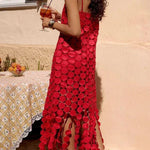 Juju Embroidered Cutout Polka Dots Square Neck Tassel Hem Slip Maxi Dress