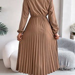 Elasticated Waist High Waisted Pleated Solid Color V-Neck Midi Dresses