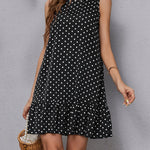 A-Line High Waisted Pleated Polka-Dot Split-Joint Round-Neck Mini Dresses