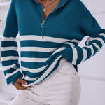 V Neck Collar Ribbed Knitted Stripe Pullover Sweater