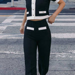 Fashionable Contrast Color Knitted Short-sleeved Button-down Top